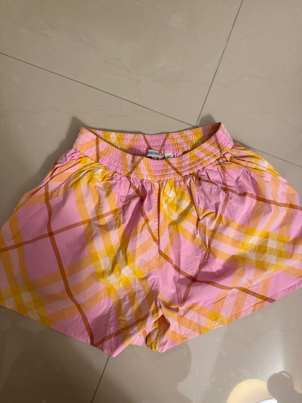 Burberry Pink Yellow Plaid High-Waist Elastic Shorts